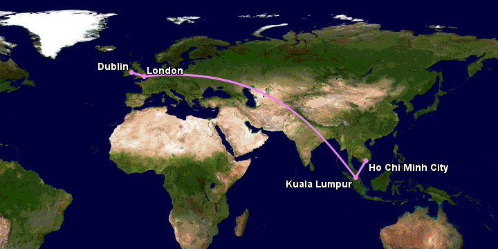 Bay từ Sài Gòn đến Dublin qua Kuala Lumpur, London