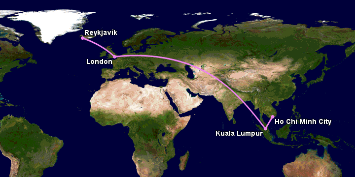 Bay từ Sài Gòn đến Reykjavik qua Kuala Lumpur, London