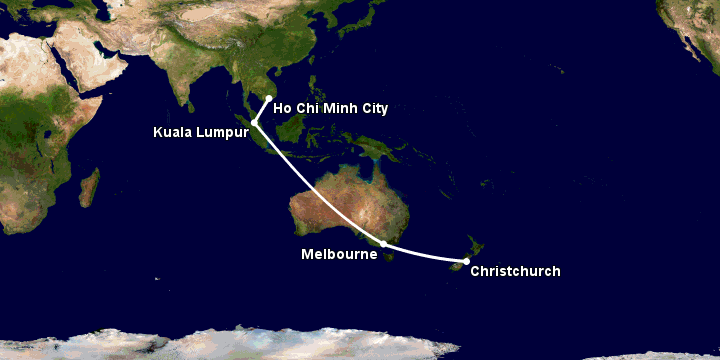 Bay từ Sài Gòn đến Christchurch qua Kuala Lumpur, Melbourne