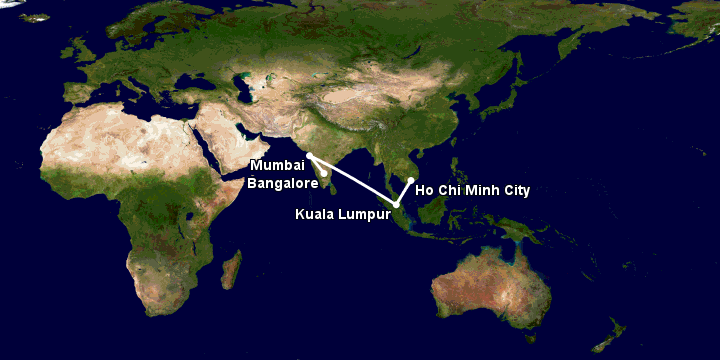 Bay từ Sài Gòn đến Bangalore qua Kuala Lumpur, Mumbai