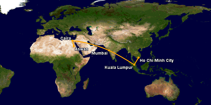 Bay từ Sài Gòn đến Aswan qua Kuala Lumpur, Mumbai, Cairo