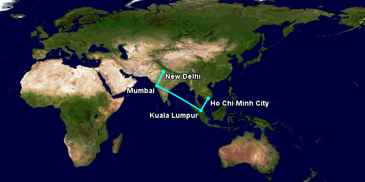 Bay từ Sài Gòn đến Delhi qua Kuala Lumpur, Mumbai, New Delhi