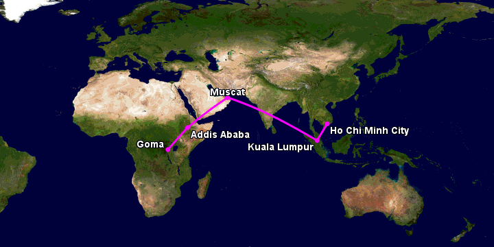 Bay từ Sài Gòn đến Goma qua Kuala Lumpur, Muscat, Addis Ababa