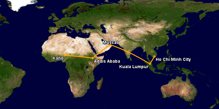 Bay từ Sài Gòn đến Kano qua Kuala Lumpur, Muscat, Addis Ababa