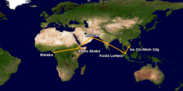 Bay từ Sài Gòn đến Malabo qua Kuala Lumpur, Muscat, Addis Ababa