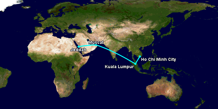 Bay từ Sài Gòn đến Jeddah qua Kuala Lumpur, Muscat