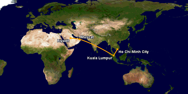 Bay từ Sài Gòn đến Riyadh qua Kuala Lumpur, Muscat, Riyadh