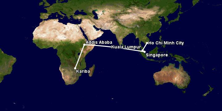 Bay từ Sài Gòn đến Kariba qua Kuala Lumpur, Singapore, Addis Ababa