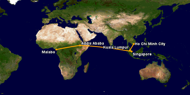 Bay từ Sài Gòn đến Malabo qua Kuala Lumpur, Singapore, Addis Ababa