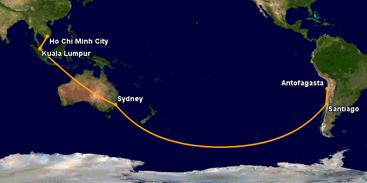 Bay từ Sài Gòn đến Antofagasta qua Kuala Lumpur, Sydney, Santiago