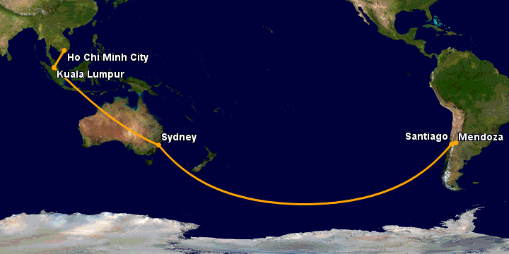 Bay từ Sài Gòn đến Mendoza qua Kuala Lumpur, Sydney, Santiago