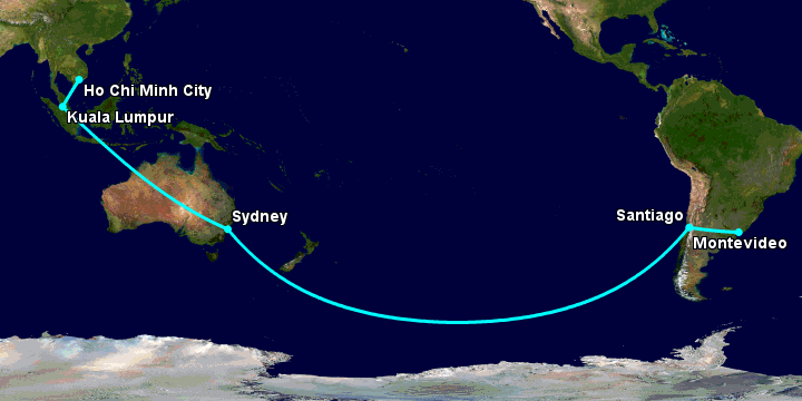 Bay từ Sài Gòn đến Montevideo qua Kuala Lumpur, Sydney, Santiago