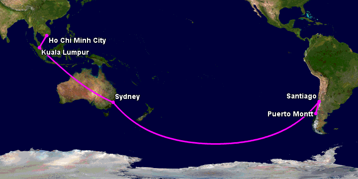 Bay từ Sài Gòn đến Puerto Montt qua Kuala Lumpur, Sydney, Santiago