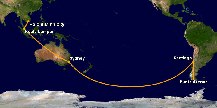 Bay từ Sài Gòn đến Punta Arenas qua Kuala Lumpur, Sydney, Santiago