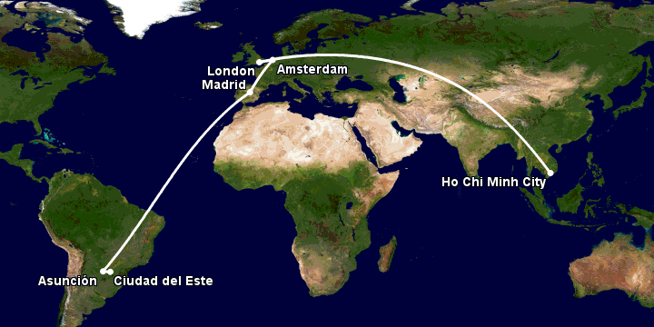 Bay từ Sài Gòn đến Ciudad Del Este qua London, Amsterdam, Madrid, Asunción