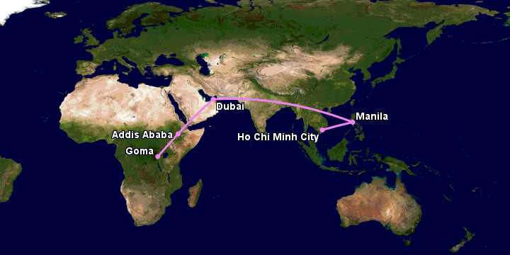 Bay từ Sài Gòn đến Goma qua Manila, Dubai, Addis Ababa
