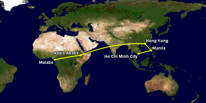 Bay từ Sài Gòn đến Malabo qua Manila, Hong Kong, Addis Ababa