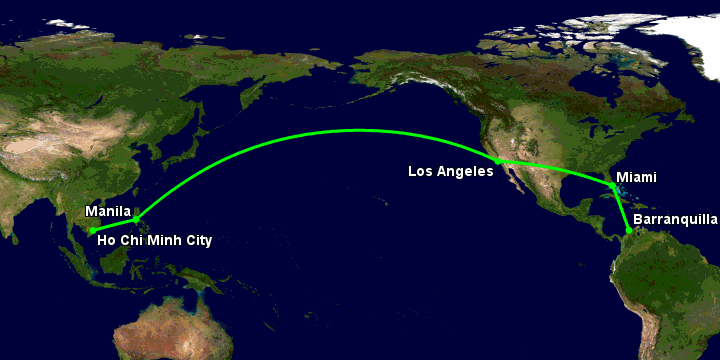 Bay từ Sài Gòn đến Barranquilla qua Manila, Los Angeles, Miami