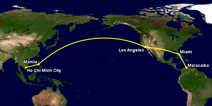 Bay từ Sài Gòn đến Maracaibo qua Manila, Los Angeles, Miami