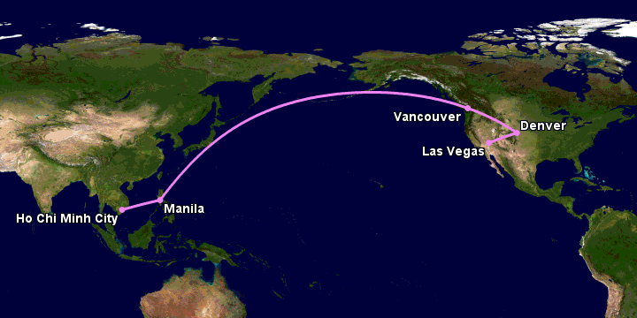 Bay từ Sài Gòn đến Las Vegas qua Manila, Vancouver, Denver