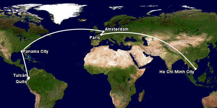 Bay từ Sài Gòn đến Tulcan qua Paris, Amsterdam, Panama City, Quito