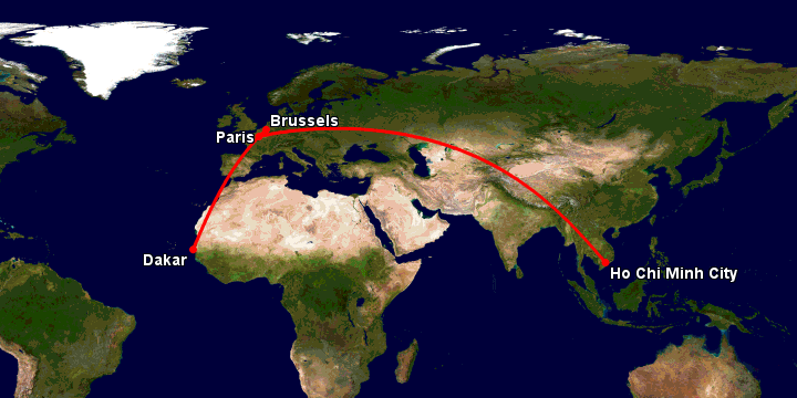 Bay từ Sài Gòn đến Dakar qua Paris, Brussels
