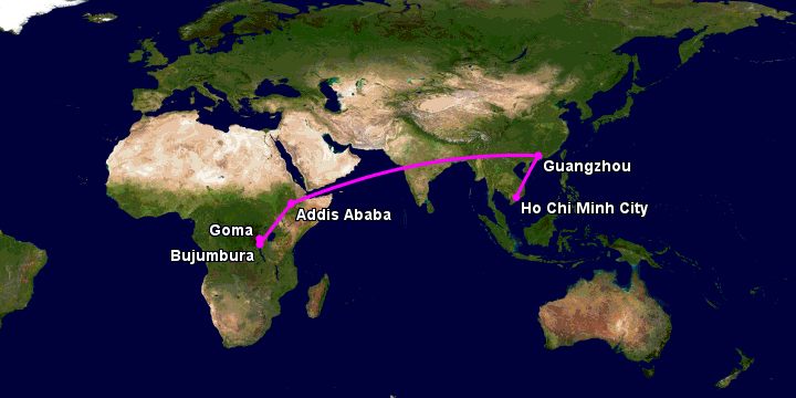 Bay từ Sài Gòn đến Goma qua Quảng Châu, Addis Ababa, Bujumbura