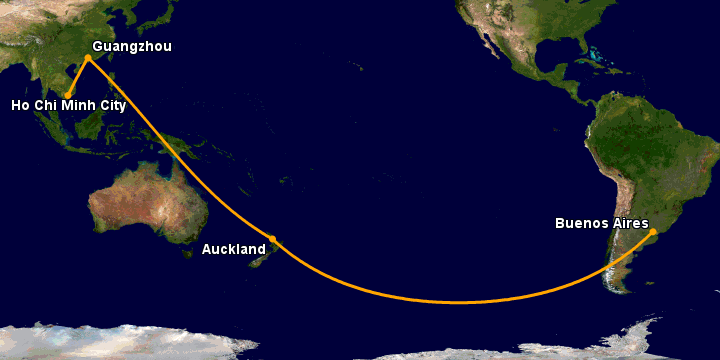Bay từ Sài Gòn đến Buenos Aires qua Quảng Châu, Auckland