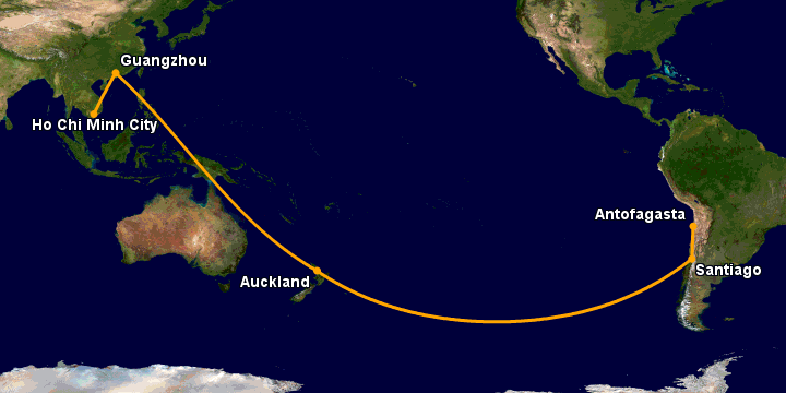 Bay từ Sài Gòn đến Antofagasta qua Quảng Châu, Auckland, Santiago