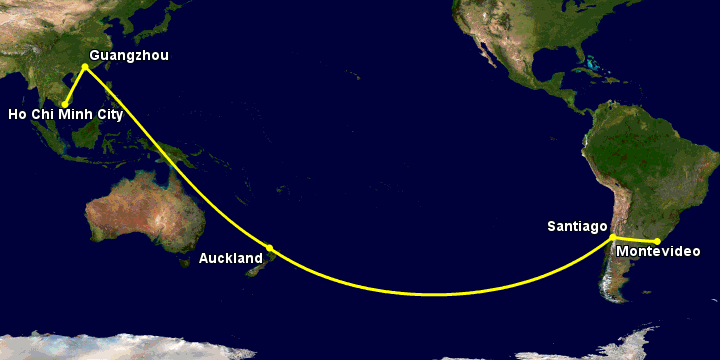 Bay từ Sài Gòn đến Montevideo qua Quảng Châu, Auckland, Santiago