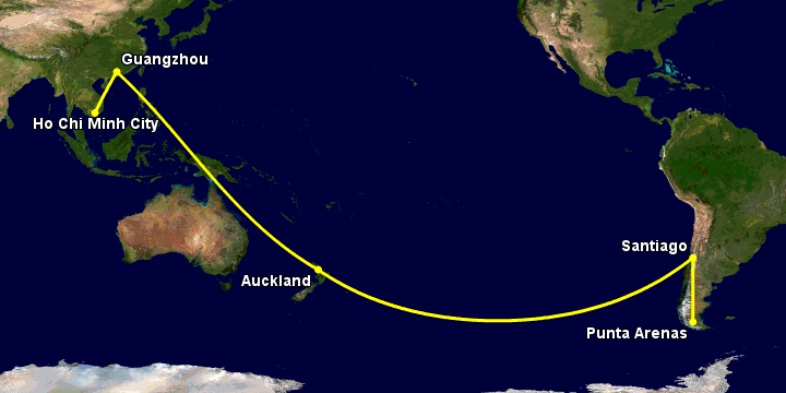 Bay từ Sài Gòn đến Punta Arenas qua Quảng Châu, Auckland, Santiago