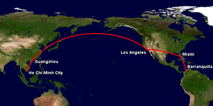 Bay từ Sài Gòn đến Barranquilla qua Quảng Châu, Los Angeles, Miami