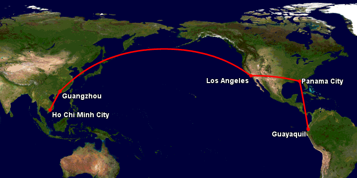 Bay từ Sài Gòn đến Guayaquil qua Quảng Châu, Los Angeles, Panama City