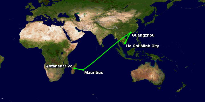 Bay từ Sài Gòn đến Antananarivo qua Quảng Châu, Mauritius Island
