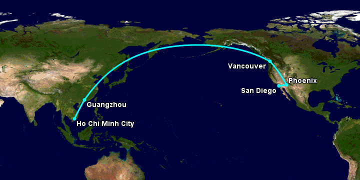 Bay từ Sài Gòn đến San Diego qua Quảng Châu, Vancouver, Phoenix