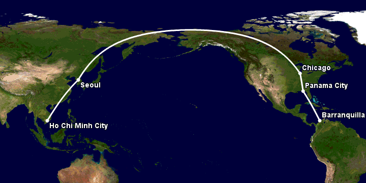 Bay từ Sài Gòn đến Barranquilla qua Seoul, Chicago, Panama City
