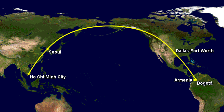 Bay từ Sài Gòn đến Armenia qua Seoul, Dallas, Bogotá
