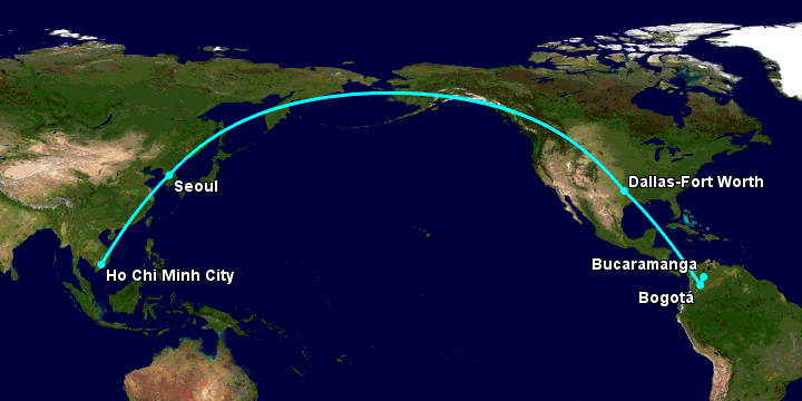 Bay từ Sài Gòn đến Bucaramanga qua Seoul, Dallas, Bogotá