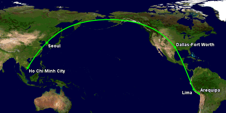 Bay từ Sài Gòn đến Arequipa qua Seoul, Dallas, Lima