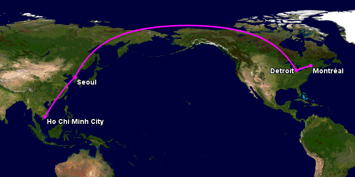 Bay từ Sài Gòn đến Montreal qua Seoul, Detroit