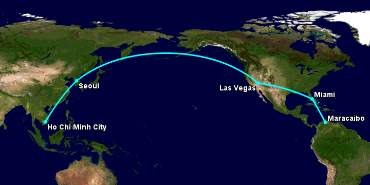 Bay từ Sài Gòn đến Maracaibo qua Seoul, Las Vegas, Miami