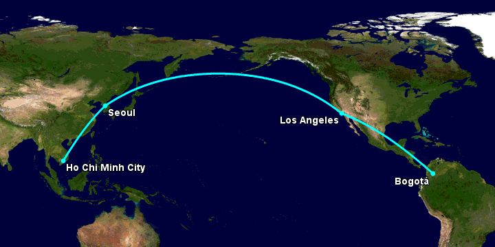 Bay từ Sài Gòn đến Bogota qua Seoul, Los Angeles