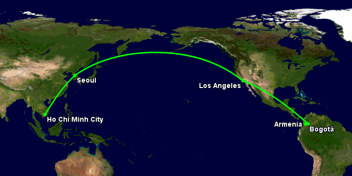 Bay từ Sài Gòn đến Armenia qua Seoul, Los Angeles, Bogotá