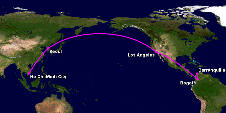 Bay từ Sài Gòn đến Barranquilla qua Seoul, Los Angeles, Bogotá