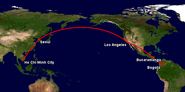 Bay từ Sài Gòn đến Bucaramanga qua Seoul, Los Angeles, Bogotá
