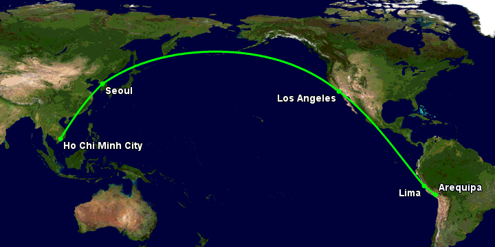 Bay từ Sài Gòn đến Arequipa qua Seoul, Los Angeles, Lima