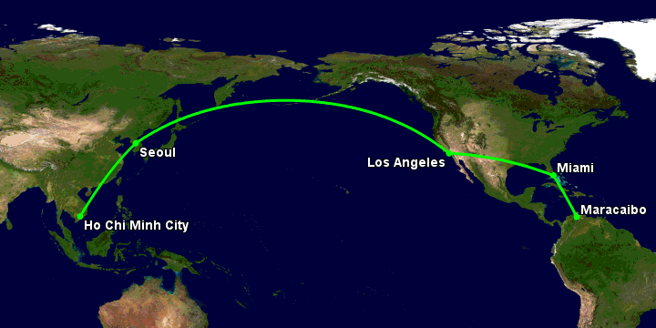 Bay từ Sài Gòn đến Maracaibo qua Seoul, Los Angeles, Miami