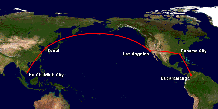 Bay từ Sài Gòn đến Bucaramanga qua Seoul, Los Angeles, Panama City