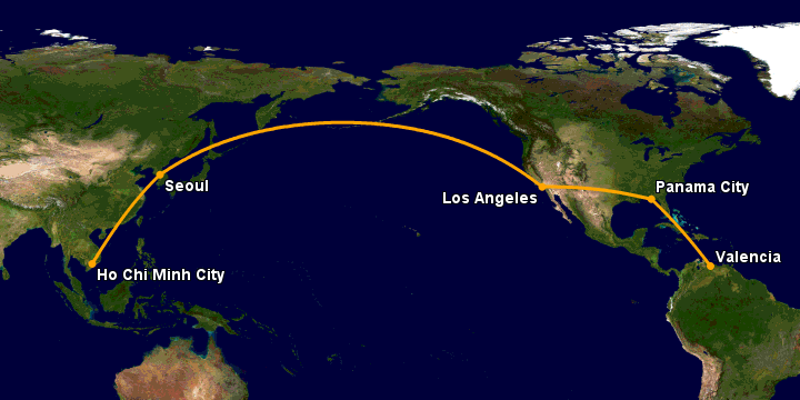 Bay từ Sài Gòn đến Valencia Arturo qua Seoul, Los Angeles, Panama City