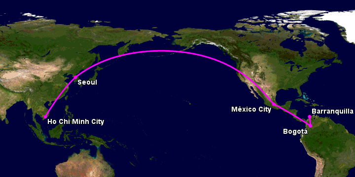 Bay từ Sài Gòn đến Barranquilla qua Seoul, Mexico City, Bogotá